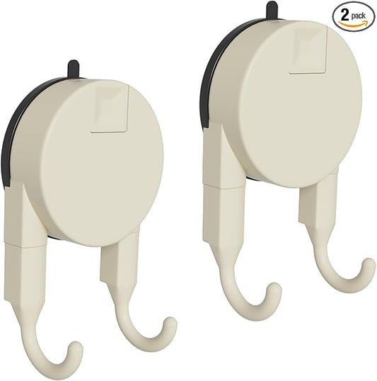 Strong Suction Cup Hooks for Shower, Bathroom, Kitchen, Heavy Duty Hangers for Door Wreaths, Robe, loofah, Towel, Utensils, Removable Wall Hooks for Tile, Glass, Mirror (2 Pack-Cream)