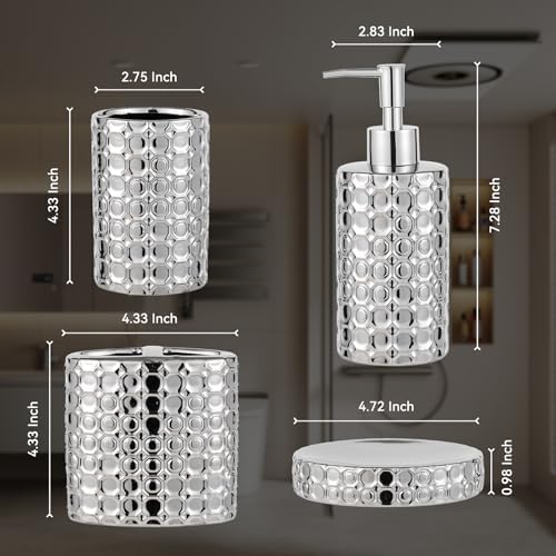 Silver Bathroom Accessories Set, 4 Piece Ceramic Honeycomb Design, Soap Dispenser Pump, Tumbler, Toothbrush Holder, Soap Dish