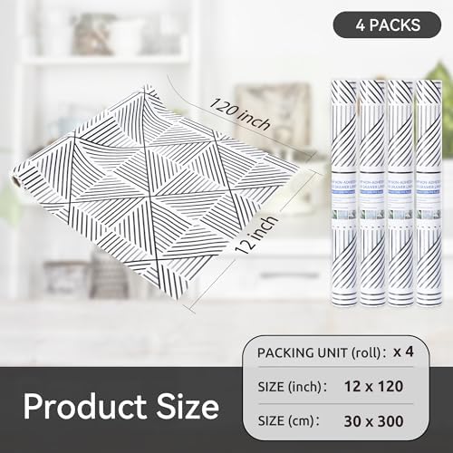 FIFTY FEET 12"x120" Non-Adhesive Shelf Liner for Kitchen Cabinets and Drawers, Washable Non-Slip PVC Cabinet Liner (Black Modern)(4 Roll)