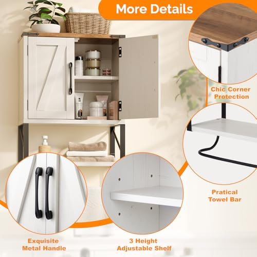 Bonnlo Wall Cabinet Farmhouse with Tower Bar Small Bathroom Medicine Cabinet Over Toilet Storage Organizer with Tower Bar Wall Mounted for Bathroom Kitchen Rustic White & Brown