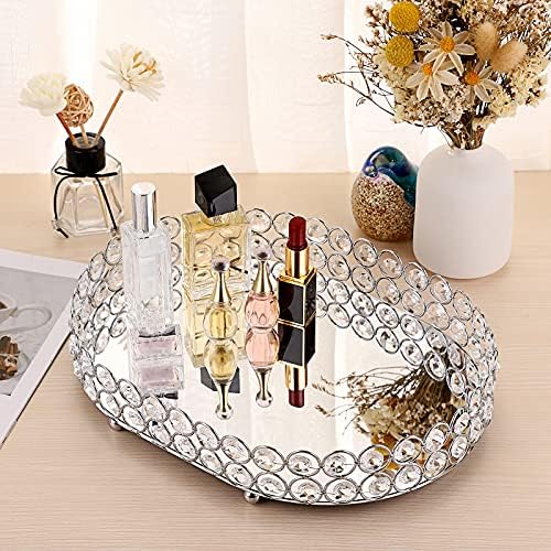 Hipiwe Crystal Vanity Tray Mirrored Dresser Perfume Trays for Makeup Tray Cosmetic Skin Care Storage, Jewelry Trinket Organizer Tray for Bathroom Countertop Home Decor (Medium, Silver)