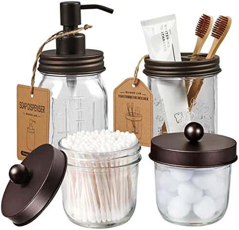 Amolliar Mason Jar Bathroom Accessories Set(4 Pack) -Bronze-Lotion Soap Dispenser&Qtip Holder Set&Toothbrush Holder-Rustic Farmhouse Decor Apothecary Jar Bathroom Countertop,Vanity Organize (Bronze) | Lotion Soap Dispenser, 2 Qtip Holder Set, Toothbrus...