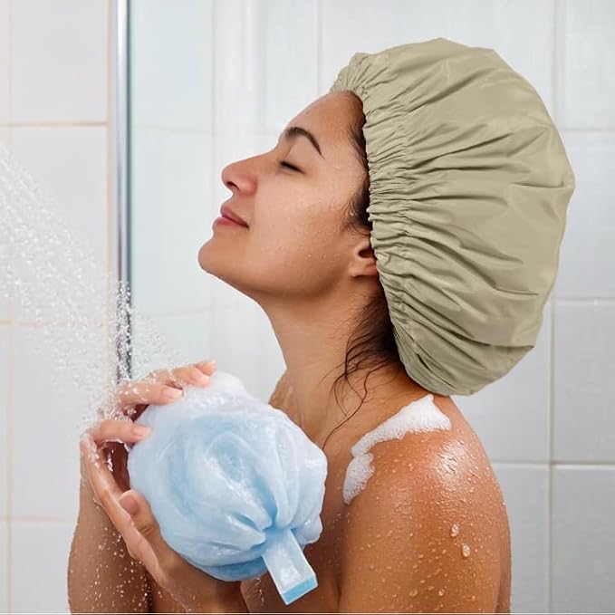 Edoneery Shower Caps for Women Reusable Waterproof, Shower Hair Cap | Washable Bonnet, Wide Elastic Band, Large Fit, Holds Long Hair, Braids Friendly, Bath Accessories, Spa, Travel