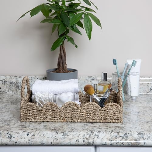 Household Essentials Seagrass Decorative Tray with Scalloped Edge, Handwoven Natural Wicker Organizer Basket with Handles & Iron Frame for Coffee Tables, Bathrooms & Countertops (Pack of 8)
