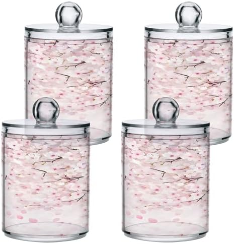 ALAZA Cherry Blossom Flower Floral 4 Pack Qtip Holder Dispenser for Cotton Swabs, Balls, Pads, Floss 10 oz Plastic Canister Organizer