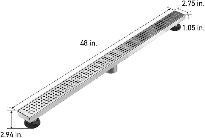 AVSIILE Linear Shower Floor Drain, Brushed Nickel 48 Inch 304 Stainless Steel Bathroom Drains Kit, Long Rectangular Shower Trench Drain with Square Pattern Drain Cover & Hair Catcher