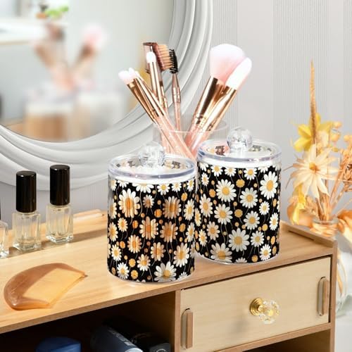 4 Pack Clear Plastic Jars Yellow and White Daisy Flowers Apothecary Jars Bathroom Vanity Organizer for Cotton Ball, Cotton Swab, Cotton Round Pads, Floss 10 Oz