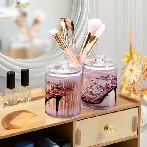 ALAZA High Heel Pearl 2 Pack Qtip Holder Dispenser for Cotton Swabs, Balls, Pads, Floss 10 oz Plastic Canister Organizer