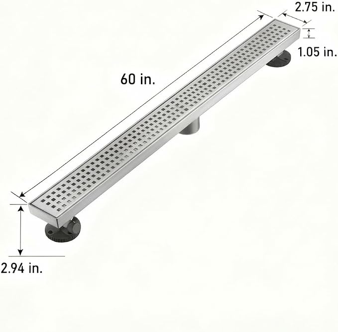 AVSIILE Linear Shower Floor Drain, Brushed Nickel 60 Inch 304 Stainless Steel Bathroom Drains Kit, Long Rectangular Shower Trench Drain with Square Pattern Drain Cover & Hair Catcher
