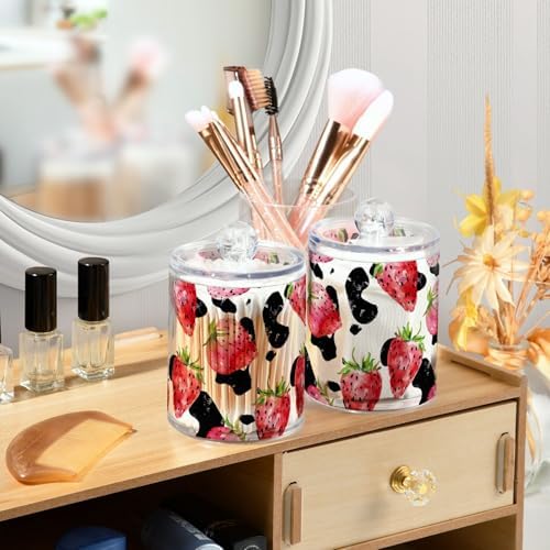 Watercolor Strawberries Cow Print Qtip Dispenser Set of 2, Apothecary Jars Bathroom Canister Storage Organization for Cotton Ball, Cotton Swab, Cotton Round Pads, Floss 10 Oz