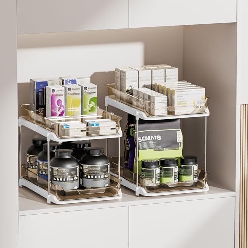 Delamu 2-Tier Multi-Purpose Bathroom Under Sink Organizers and Storage, Stackable Kitchen Pantry Organization, Pull Out Medicine Cabinet Organizer with Movable Dividers, Amber, 4 Pack