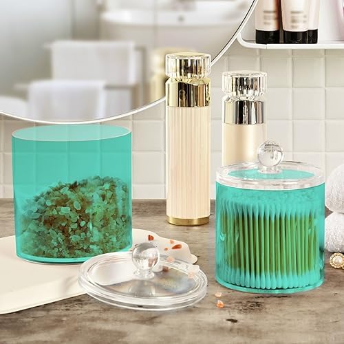 Gredecor Turquoise Apothecary Jars with Lids for Bathroom & Kitchen Organization Containers Acrylic Plastic Organizers Great for Q-Tip Cotton Swabs, Jewelry, Food & Candy Storage, Set of 2 Sizes