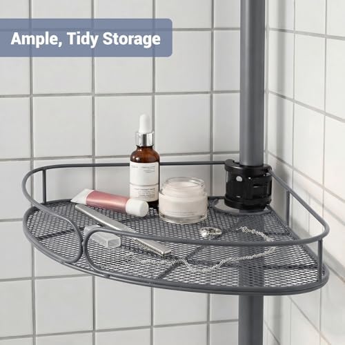 Standing Shower Caddy Corner, 4-Tier Adjustable Height Bathroom Organizer, 6-Section Pole, Sturdy Floor Standing Shelf for Shower – No Drilling, No Spring Tension (Gray)