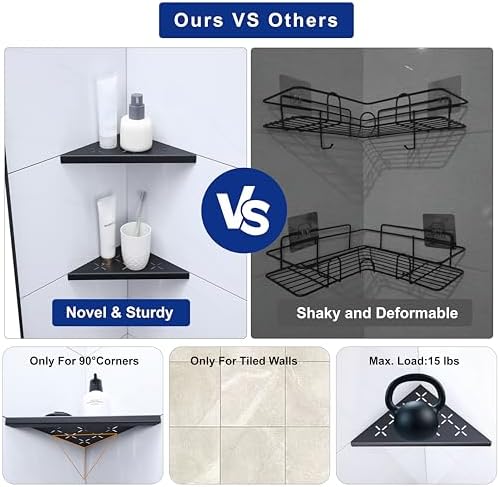 8" Corner Shower Shelf, 2-Pack Shower Shelves SUS304 Stainless Steel Bathroom Shelves for Tile Walls, Recessed Corner Shelf Organizer Rack, No Drilling (Matte Black)