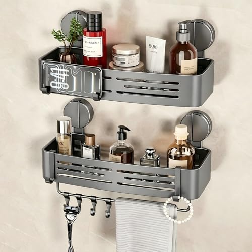 VOLPONE Shower Caddy Suction Shower Shelf No Drilling Shower Organizer Suction Cup Shower Storage Rack Aluminum Wall Mounted Shampoo Holder with Towel Bar Hooks (2-Pack, Matte Gray)