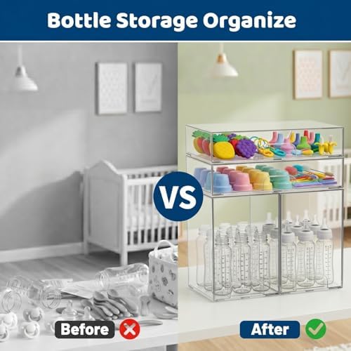 Baby Bottle Organizer Stackable, 4 Pack Clear Stackable Storage Drawers with 3 Stickers & 1 Pen, for Stationery, Cosmetics, Bathroom, Vanity, Countertop & Cabinet ((7.7’’ and 3.4’’Tall)