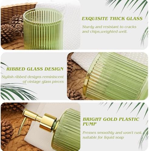 BSSN 5-Piece Green Glass Bathroom Accessories Set - Vintage Ribbed Thick Glass - Includes Soap Dispenser, Toothbrush Holder, Tumbler, 2 Q-tip Jars - Retro Bathroom Counter Organizer & Decor