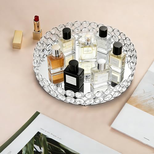 Feyarl Crystal Perfume Tray Cosmetic Makeup Vanity Tray Jewelry Trinket Organizer Mirrored Decorative Tray for Home Deco Christmas Birthday Gift(Round 10" inch) (Silver)
