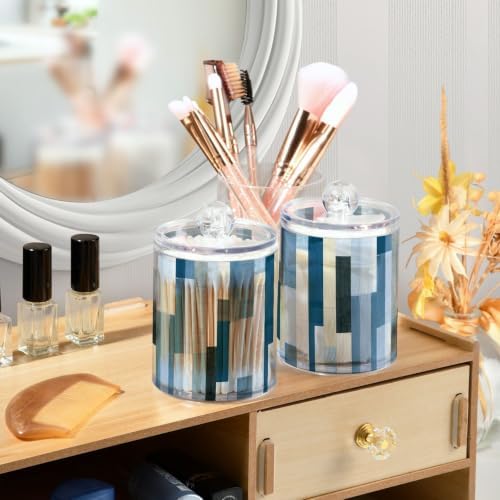 Fustylead 2 Pack Blue Stripe Qtip Holder Dispensers, Bathroom Storage Canister Plastic Apothecary Jar Set for Cotton Swabs, Ball, Pads, Floss