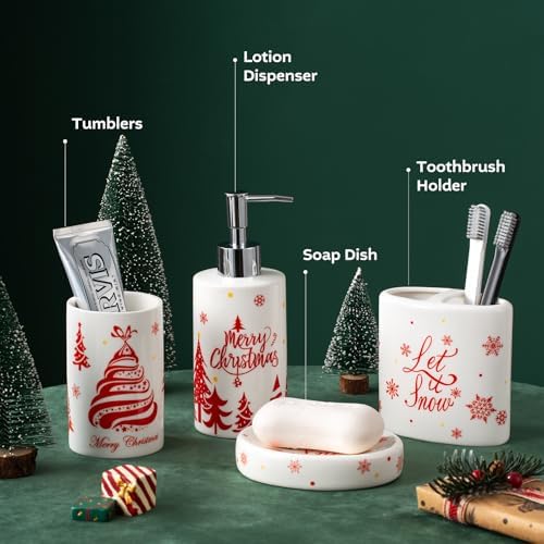 Christmas Bathroom Accessories Set, 4-Piece Ceramic Bathroom Accessory Set Include Lotion Dispenser, Toothbrush Holder Tumbler, and Soap Dish (White)