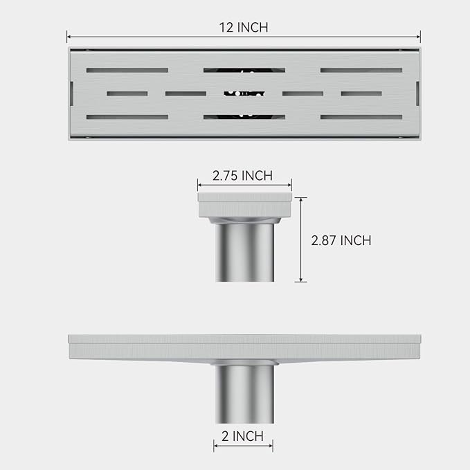 ELLO&ALLO 12 Inch Linear Shower Drain Brushed Nickel, SUS304 Stainless Steel Rectangle Shower Floor Drain with Removable Pattern Grate