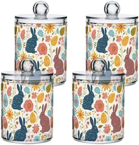 4 Pack Clear Plastic Jars Easter Rabbits and Flowers Apothecary Jars Bathroom Containers for Cotton Ball, Cotton Swab, Cotton Round Pads, Floss 10 Oz