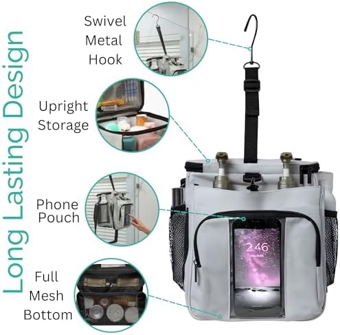 TERRA HOME Portable Shower Caddy Bag- Large Capacity, Quick Dry with Metal Hook - Hanging Shower Bag - Breathable Mesh Toiletry Shower Tote for Gym and College Dorm (Grey, Extra Large)