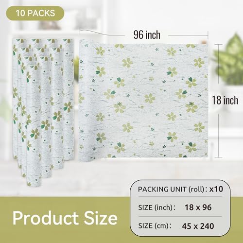 FIFTY FEET 12"x120" Non-Adhesive Shelf Liner for Kitchen Cabinets and Drawers, Washable Non-Slip PVC Cabinet Liner (Green Floral)(10 Roll)