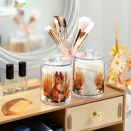 MNSRUU 4 Pack Qtip Holder Organizer Dispenser Cute Squirrel Pink Bathroom Storage Canister Cotton Ball Holder Bathroom Containers for Cotton Swabs/Pads/Floss