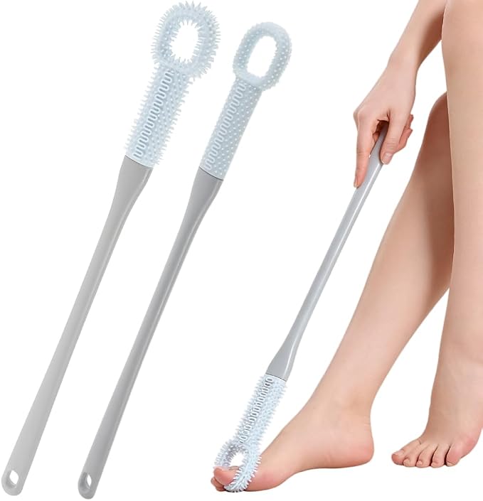 2 Pack Foot Brush in Shower, Extended Handle Foot Scrubber, Soft Rubber for Cleaning Dead Skin, Dense Foam Toe Cleaning with Hanging Storage,Scrub Brush for Senior, Pregnant, Men, Women(Blue)