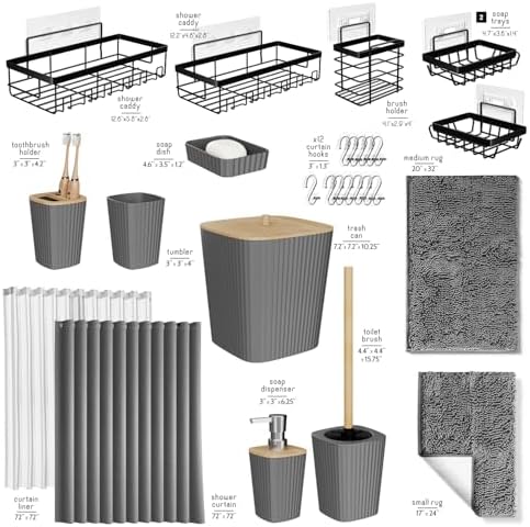 Clara Clark Bathroom Accessories Set - 27PC Bathroom Set with Adhesive Corner Shower Caddy Hanging, Bathroom Sets with Shower Curtain and Rugs, Grey Shower Curtain Set with Bathroom Trash Can
