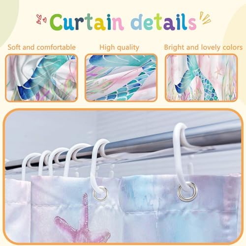 4 Pcs Mermaid Bathroom Set Pink Shower Curtain Sets with Non-Slip Rugs Toilet Lid Cover and Bath Mat Set, Kids Girl Bathroom Decor with 12 Hooks
