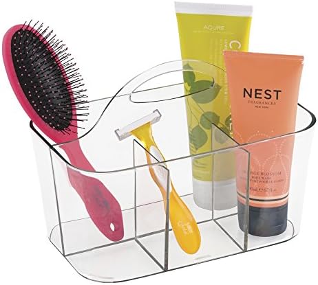 mDesign Small Plastic Shower/Bath Storage Organizer Caddy Tote with Handle for Dorm, Shelf, Cabinet - Hold Soap, Shampoo, Conditioner, Combs, Brushes, Lumiere Collection, Clear