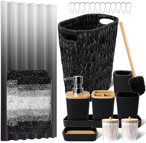 XLHOMO Black Bathroom Accessories Set with Wicker Trash Can Shower Curtain and Rugs,Bathroom Sets Small Waste Basket Bathroom Trash Can for Bedroom Bathroom