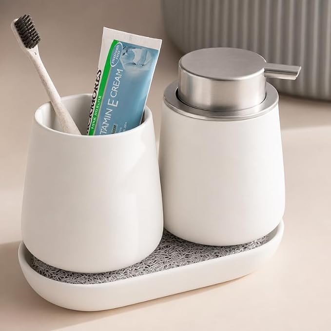 Ceramic Bathroom Accessories Set, 3 Pieces with Soap Dispenser, Toothbrush Holder, and Cup, Matte Black, Polished Finish (White)