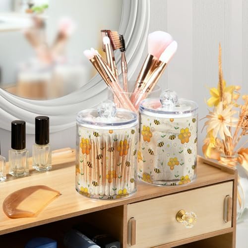 MNSRUU 2 Pack Qtip Holder Organizer Dispenser Cute Bee Bathroom Storage Canister Cotton Ball Holder Bathroom Containers for Cotton Swabs/Pads/Floss