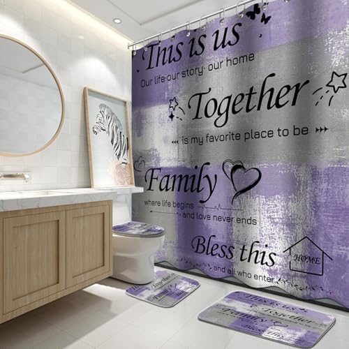 Lnond 4Pcs Shower Curtain Set with Toilet Lid Cover and Non-Slip Rugs for Bathroom,Purple Grey Abstract Motivational Bathroom Sets with Shower Curtain and Rugs