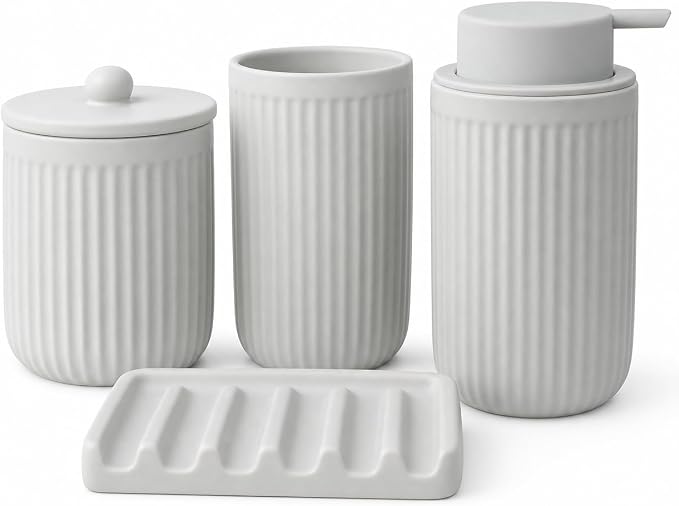 BosilunLife Light Grey Ceramic Bathroom Accessories Set of 4 | Bathroom Decor Sets Accessories Bathroom Foam Soap Dispenser and Toothbrush Holder Set, Soap Dish, Apothecary Jars.(Foam)