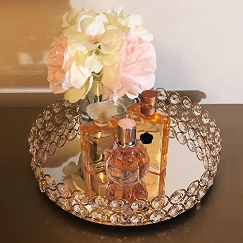 Crystal Decorative Tray Metal Mirrored Perfume Cosmetic Organizer Jewelry Trinket Display Storage Vanity Trays Home Décor Accents Luxury Gift (Round, 10in, Gold)