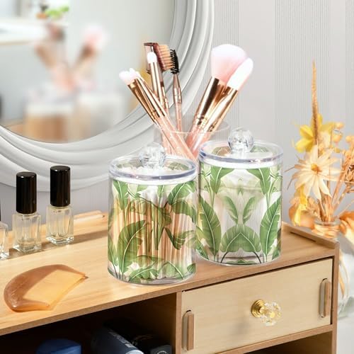 MNSRUU 2 Pack Qtip Holder Organizer Dispenser Plantain Leaf Bathroom Storage Canister Cotton Ball Holder Bathroom Containers for Cotton Swabs/Pads/Floss