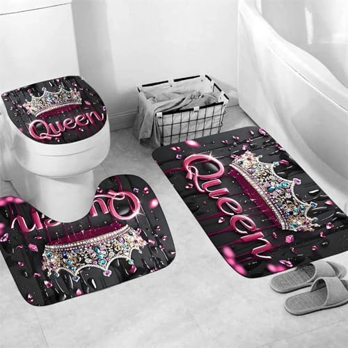 AZHM 4pcs Shower Curtain Set Queen Crown Bathroom Sets with Rugs 71 * 71 in