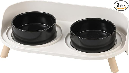 Raised Cat Food and Water Bowl Set - Elevated Ceramic Dishes with Non-Slip Stand and Splash Guard for Small Dogs - 2 x 320 ML (4.9 OZ) - Black