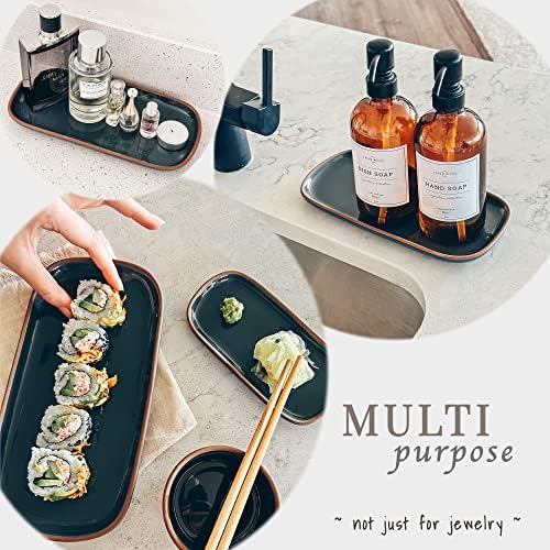 Mora Ceramic Decorative Tray - Rectangle 10in Dish for Jewelry, Soap Dispenser, Perfume, Makeup, Accessories, Candle, in the Bathroom Vanity, Bedside, or Kitchen Counter. Cute Organizers - Black