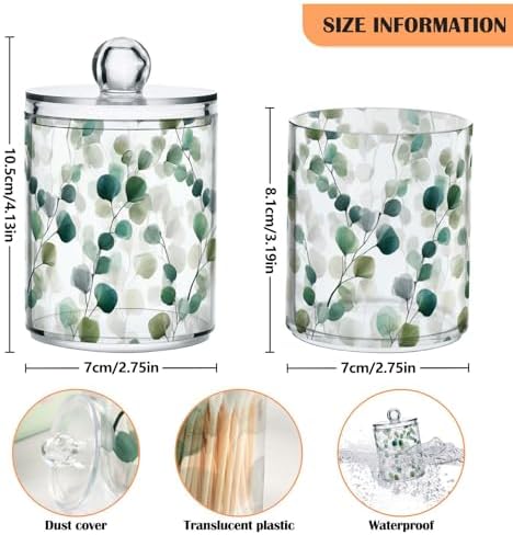 Gredecor Qtip Holder Dispenser 2 Pack Green Watercolor Floral Leaves Apothecary Jars with Lids Bathroom Vanity Countertop Canister Storage Organizer for Cotton Ball,Swabs,Pads,Floss