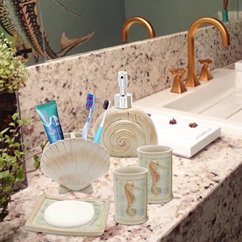 Bathroom Accessories Set, 5 PCS Bath Ensemble Set Includes Soap Dispenser, Soap Dish, Tumbler, Toothbrush Holder - Polyresin Glass for Home, Office, Superior Hotel
