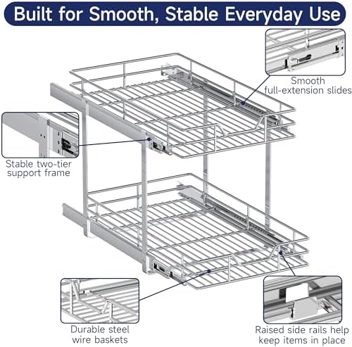 2-Tier Pull Out Cabinet Organizer, 14.5" W x 21.5" D, Heavy Duty Dual Slide Out Shelves for Base Cabinets, Chrome Wire Basket Drawer for Pantry, Kitchen & Bathroom Storage