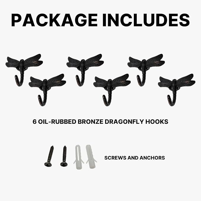 6 pcs Oil Rubbed Bronze Dragonfly Decorative Wall Hooks for Hanging Coats, Keys, Towels, Bags, and More