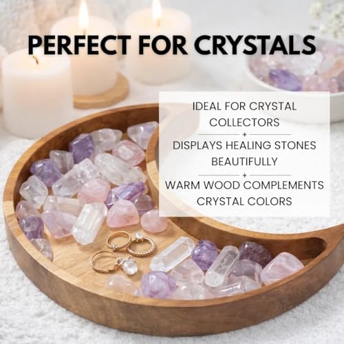 Acacia Wood Moon Crystal Display Tray - Natural Wooden Altar Tray 10.5" x 5" for Crystals and Stones Storage - Solid Wood Jewelry Organizer Dish - Boho Bedroom Decor