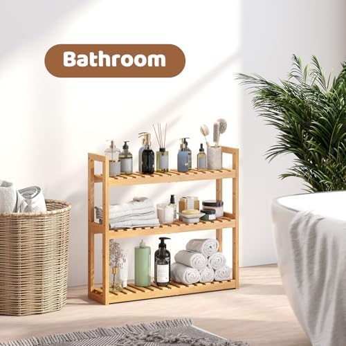 Bamboo Organizer Rack - Adjustable 3-Tier Storage Shelf, Wall Mounted or Over The Toilet, Living Room, Kitchen (Natural)