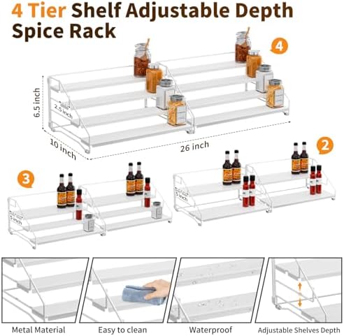 BOIVSHI Spice Organizer for Cabinet, Depth Adjustable Spice Rack, White